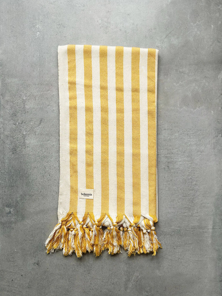 Wholesale premium Turkish cotton hammam towel in mustard yellow wide stripe design 