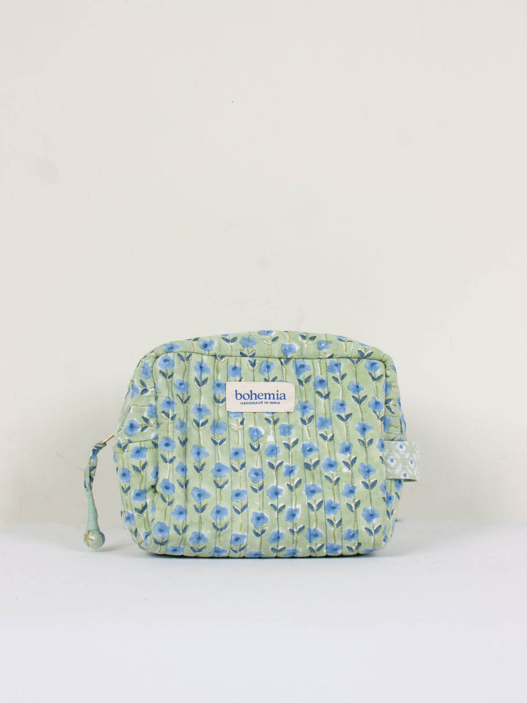 Small hand block print, cotton-quilted wash bags in sage green and blue