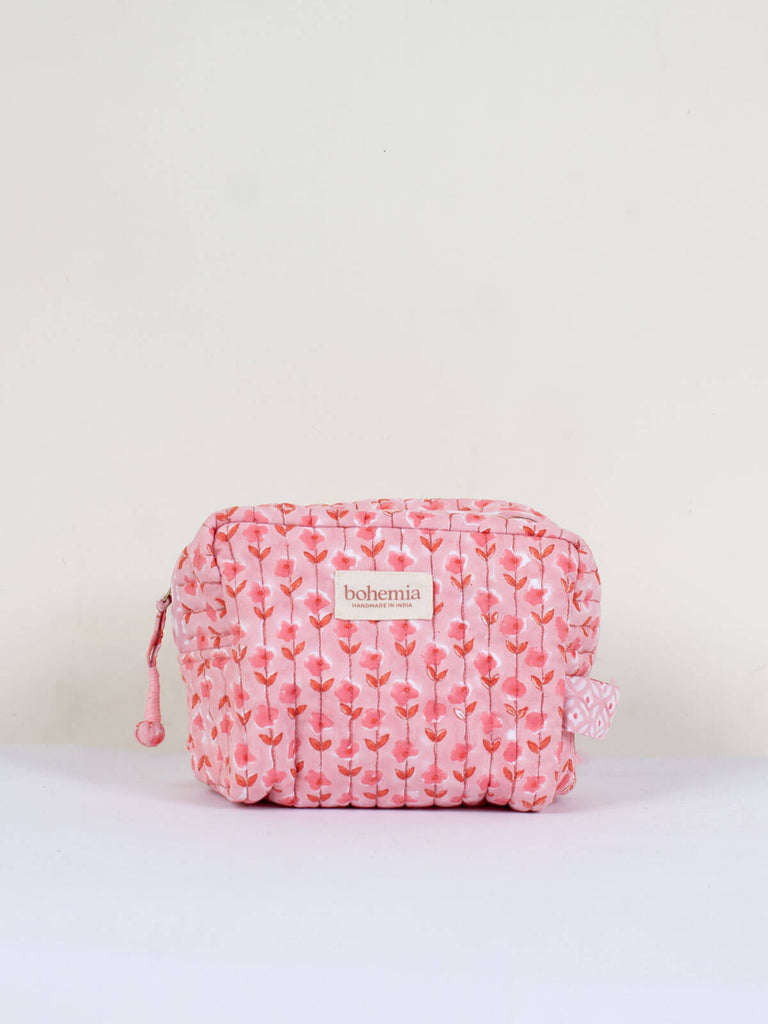 Small hand block print, cotton-quilted wash bags in vintage pink