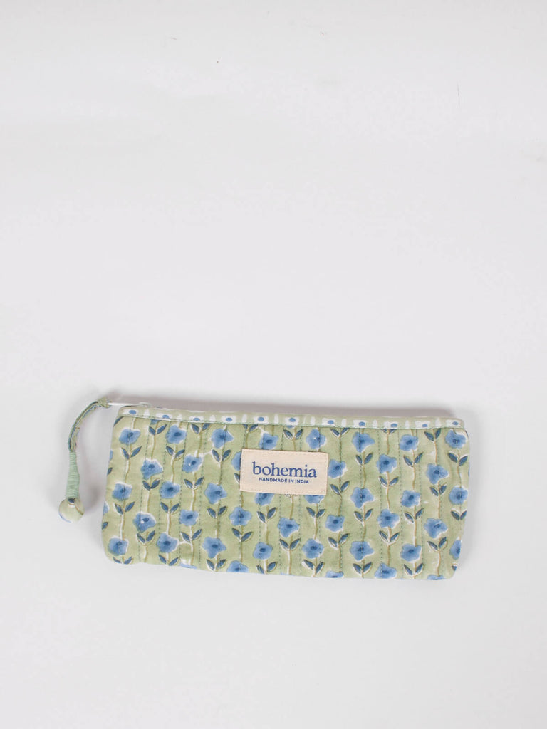 Long quilted zip pouch with sage green and blue block printed pattern