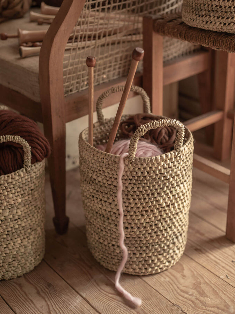 Open Weave Nesting Basket filled with wool and knitting supplies