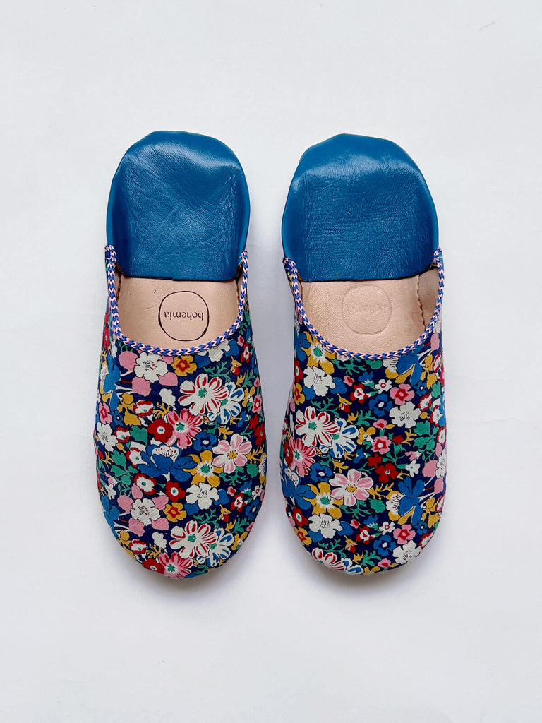Wholesale Liberty Print soft leather babouche slippers in blue floral Westbourne Posy design