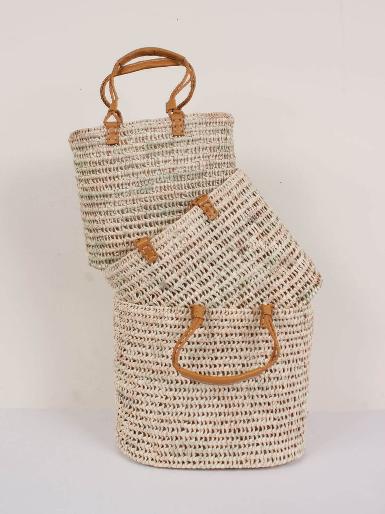 Set of 3 open weave baskets with mustard colour pleated leather handles