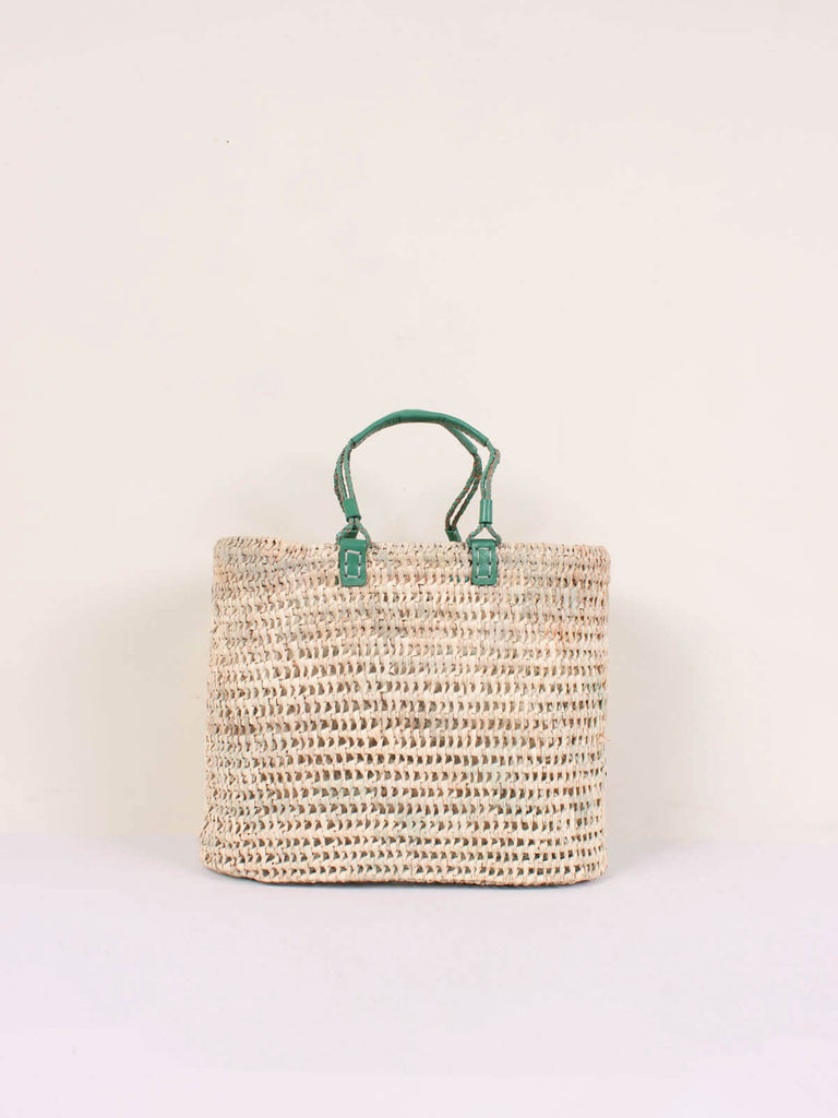 Large pleated leather handle basket in sage green