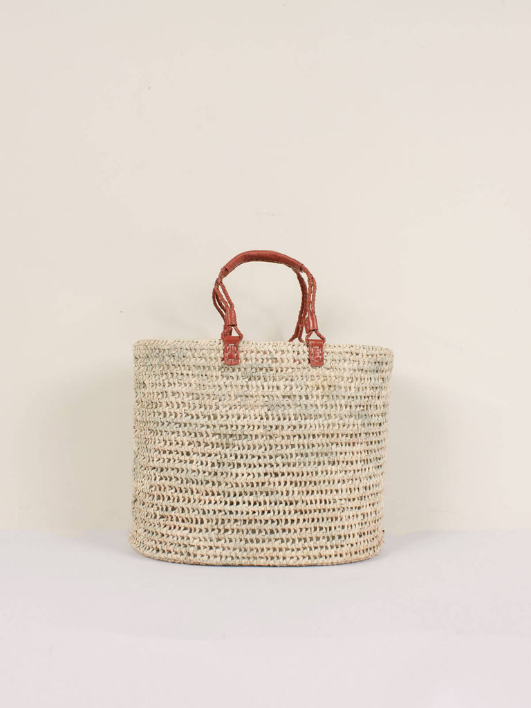 Large pleated leather handle basket in terracotta