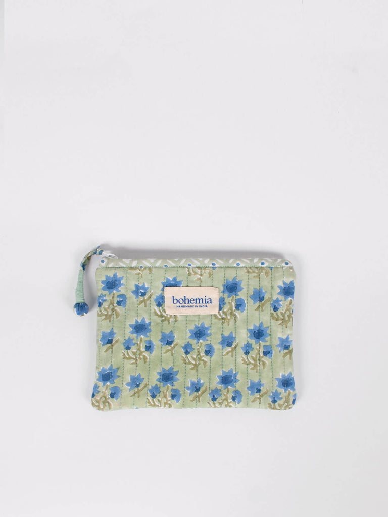 Medium quilted zip pouch with sage green and blue floral block printed pattern