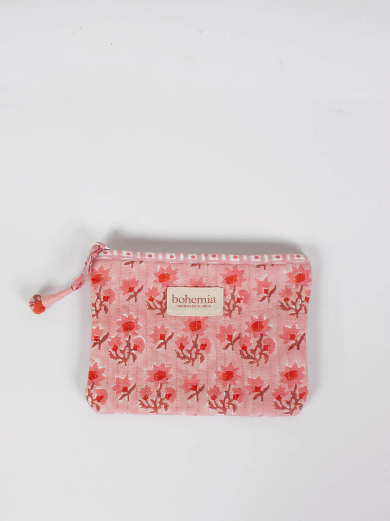 Medium quilted zip pouch with vintage pink block printed pattern
