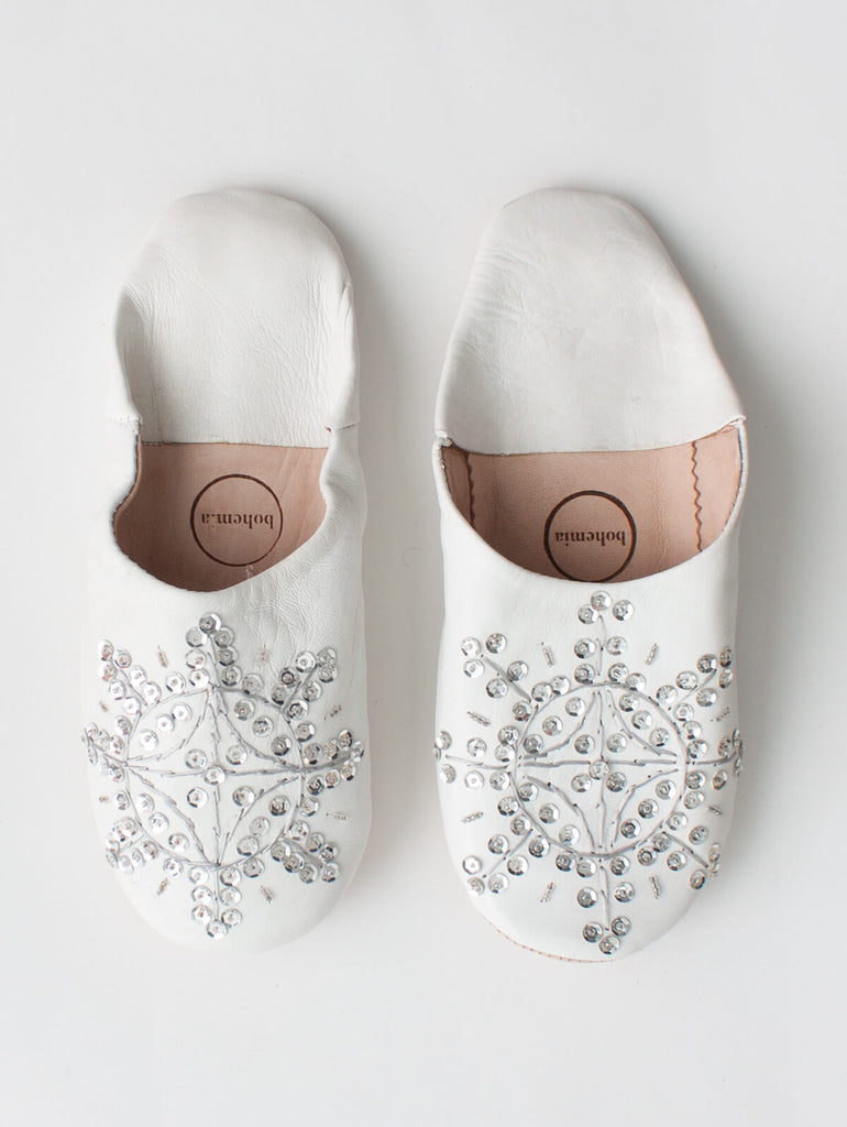 Moroccan Babouche Sequin Slippers, White & Silver (Pack of 2) | Bohemia Design