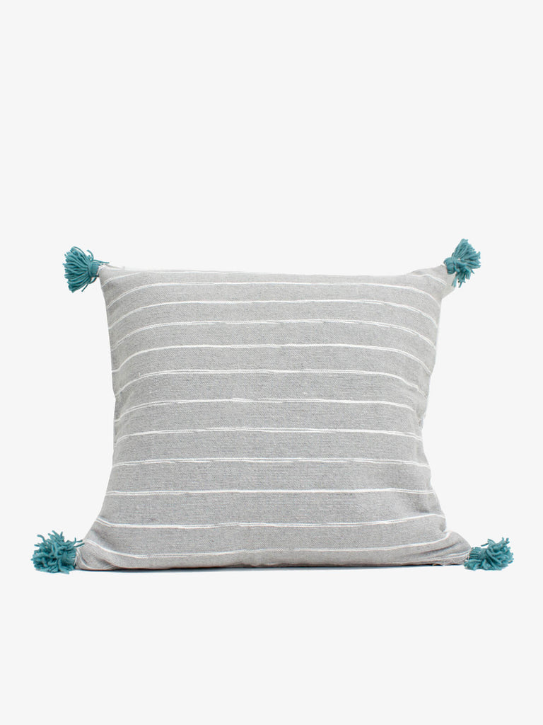 Grey Cotton Scribble Stripe Square Cushions, Blue | Bohemia Design