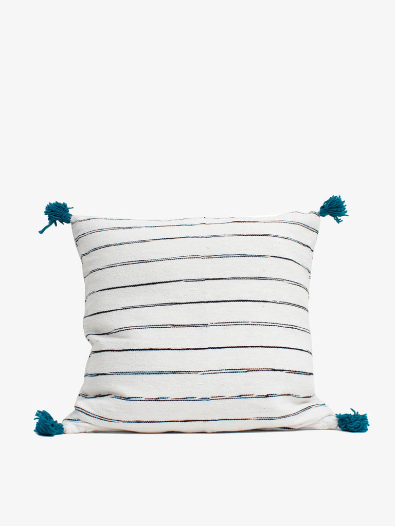 White Cotton Scribble Stripe Square Cushions, Blue | Bohemia Design
