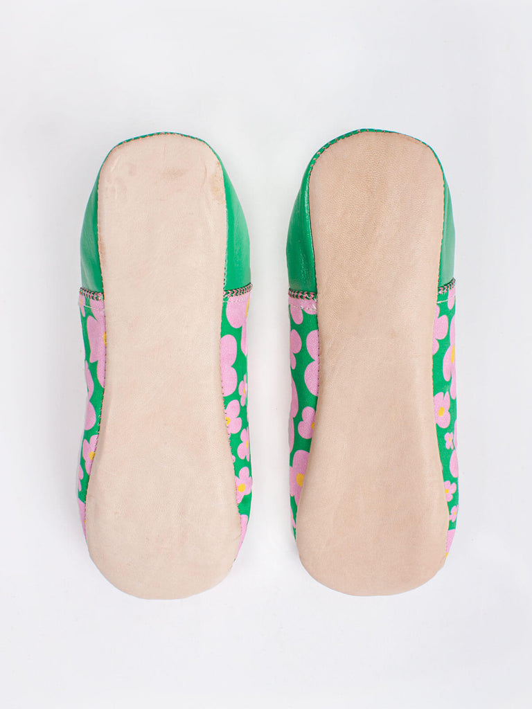 Underside of Moroccan babouche slippers in green and pink floral pattern by Bohemia Design