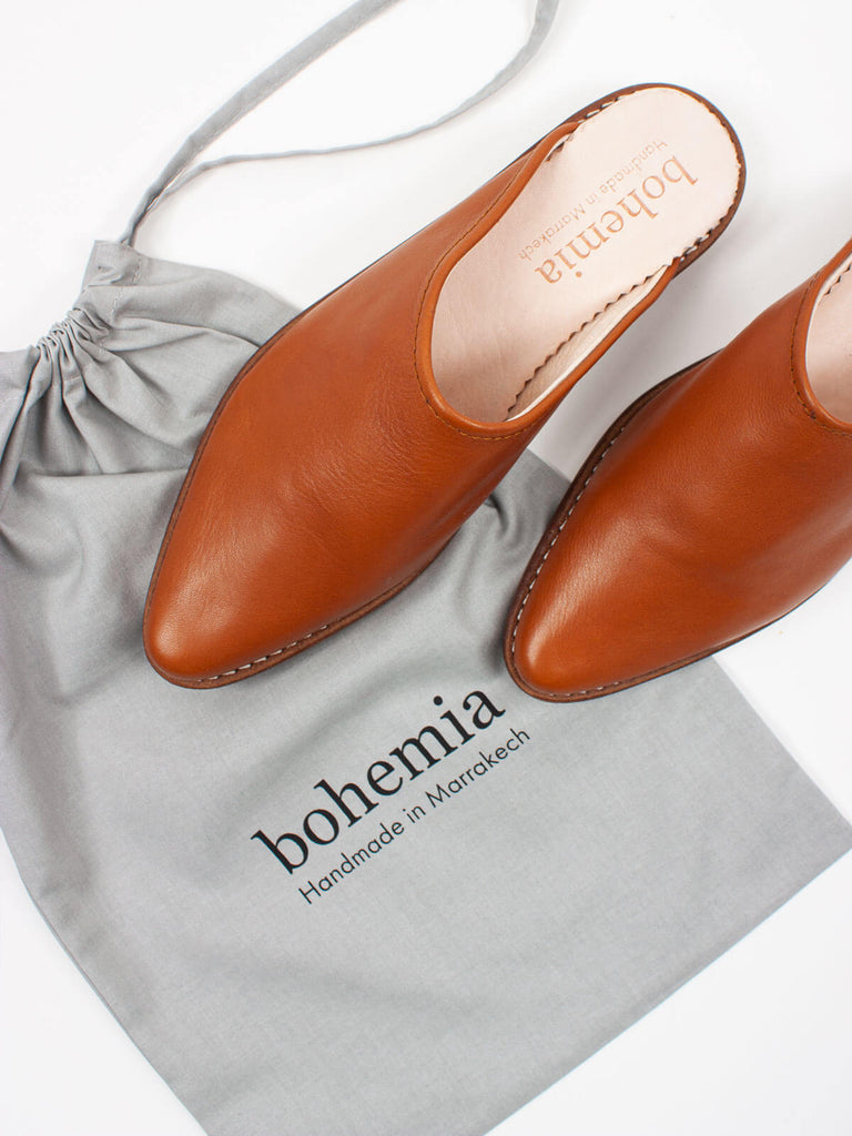 Leather tan mules by Bohemia Design with grey dustbag
