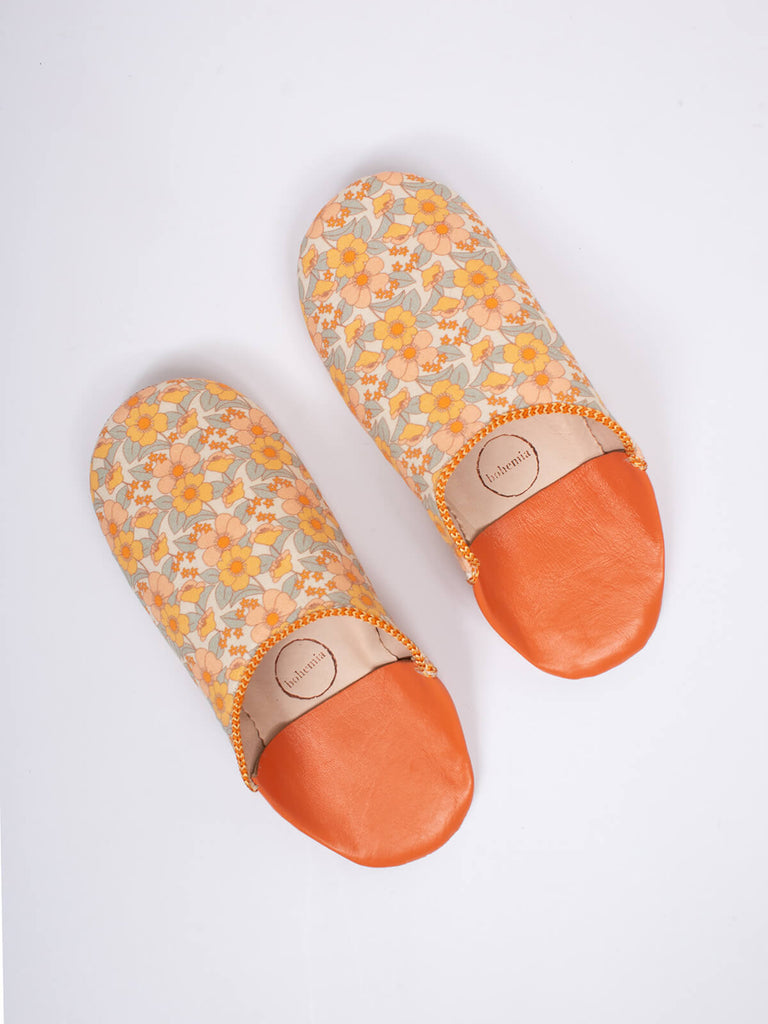 Moroccan babouche slippers in honey floral pattern by Bohemia Design