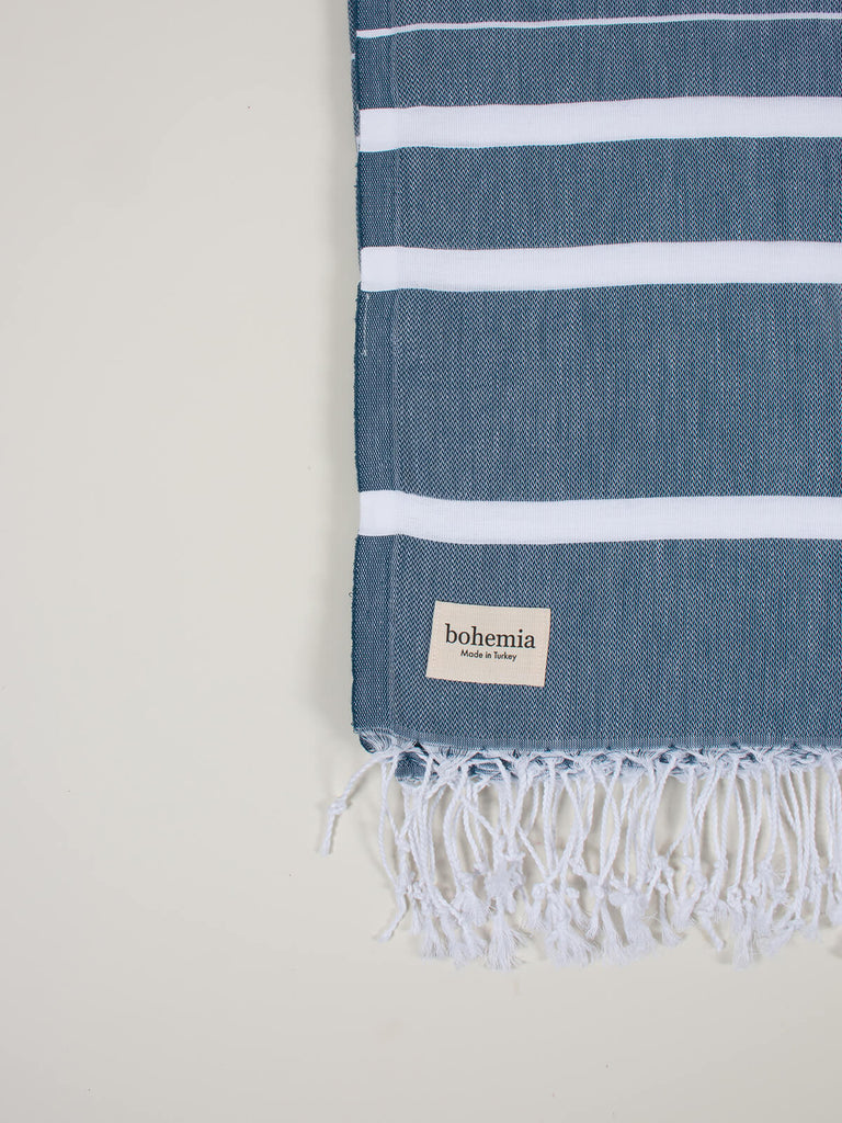Ibiza Summer Hammam Towel in indigo stripe pattern by Bohemia Design