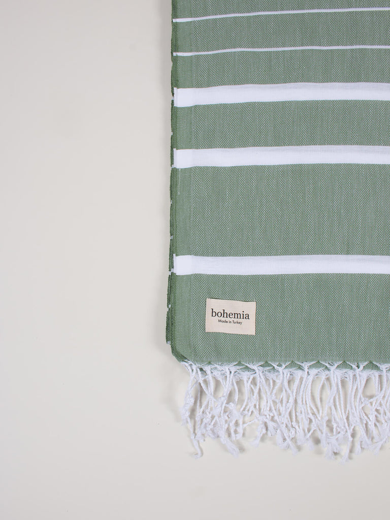 Ibiza Summer Hammam Towel in olive stripe pattern by Bohemia Design
