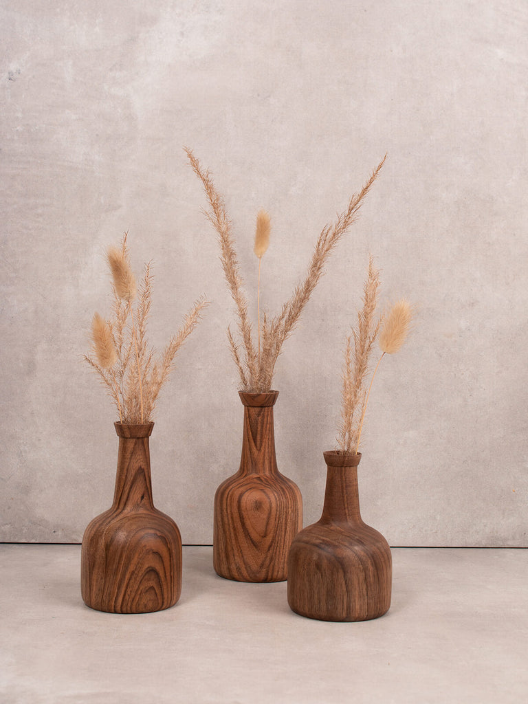 Set of three mini walnut wood vases with dried flowers by Bohemia Design