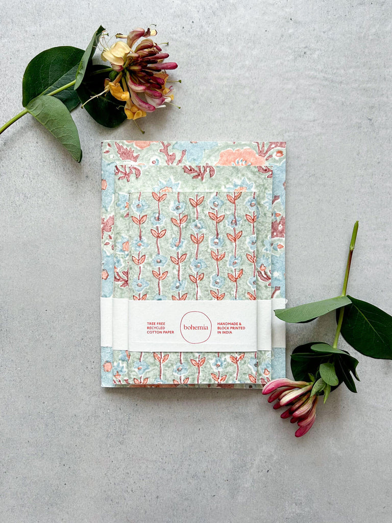 Set of cotton paper notebooks in Duck Egg in three distinct floral designs by Bohemia Design Wholesale