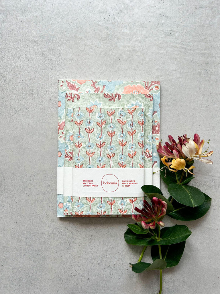 Set of notebooks in delicate green in three distinct floral designs by Bohemia Design