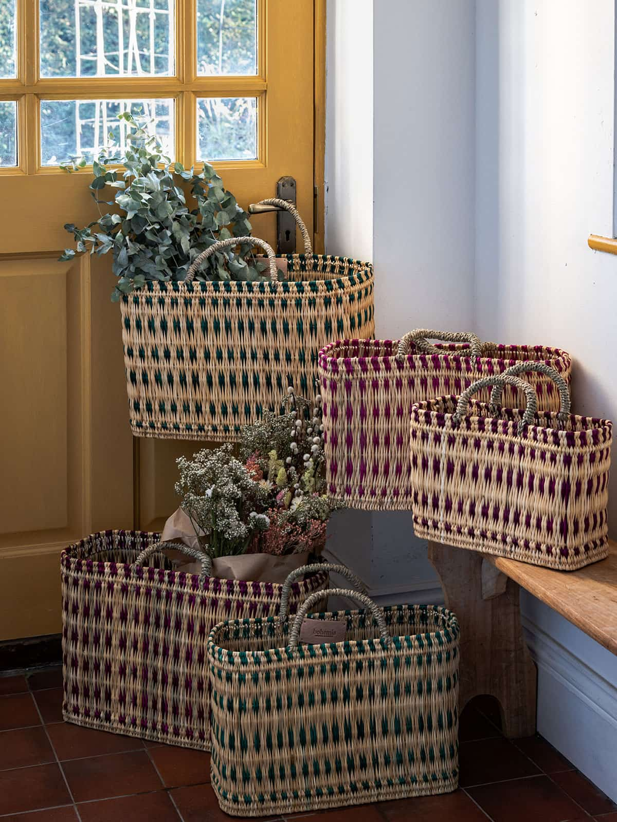 Woven reed basket colours stacked