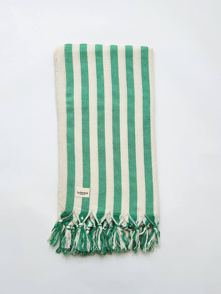 Wide stripe green and white Turkish cotton summer hammam towel, finished with fringe 