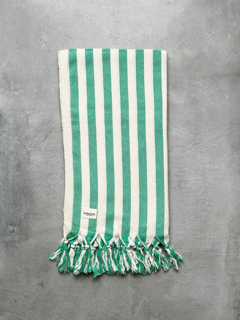 Wholesale Brighton cotton hammam towel with wide green and white stripe pattern