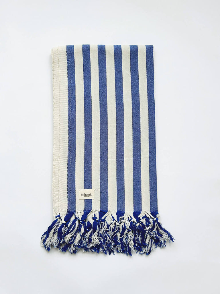 Blue and white wide stripe beach hammam towel for summer by Bohemia Design
