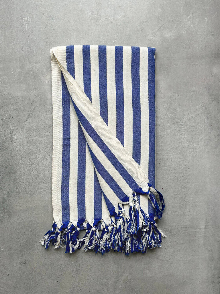 Wholesale Brighton wide stripe cotton hammam towel in classic blue and white by Bohemia Design