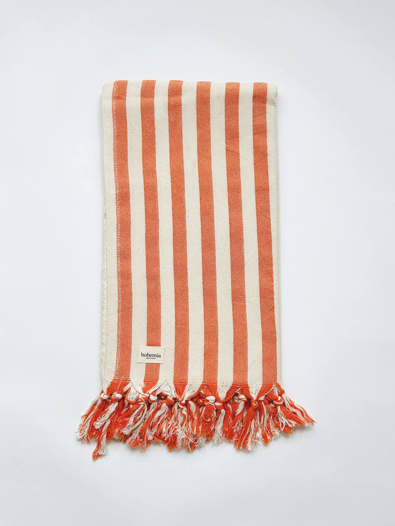 Hot orange stripe Turkish cotton hammam towel for summer