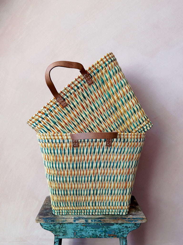 Two wholesale colourful reed shopper basket bags with leather handles by Bohemia