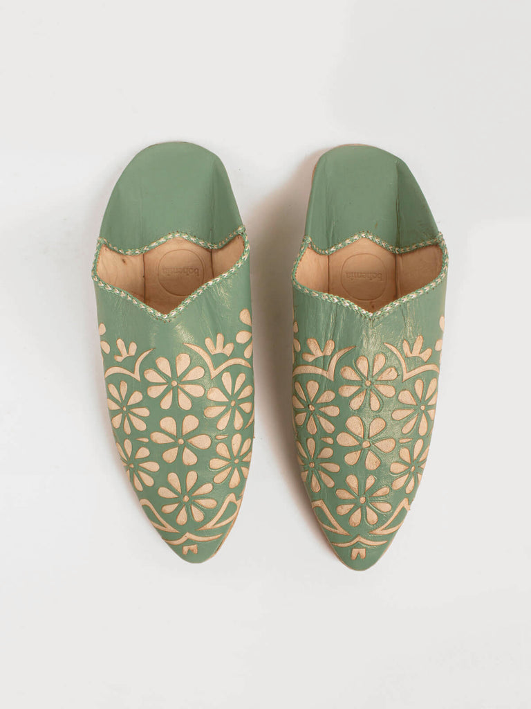 Moroccan decorative daisy babouche slippers in sage green