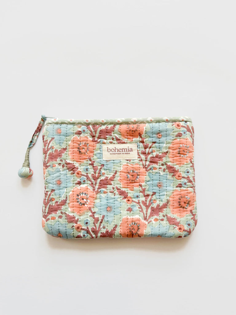 Large Floribunda cotton quilted zip pouch with hand block printed floral design in delicate duck egg by Bohemia Design