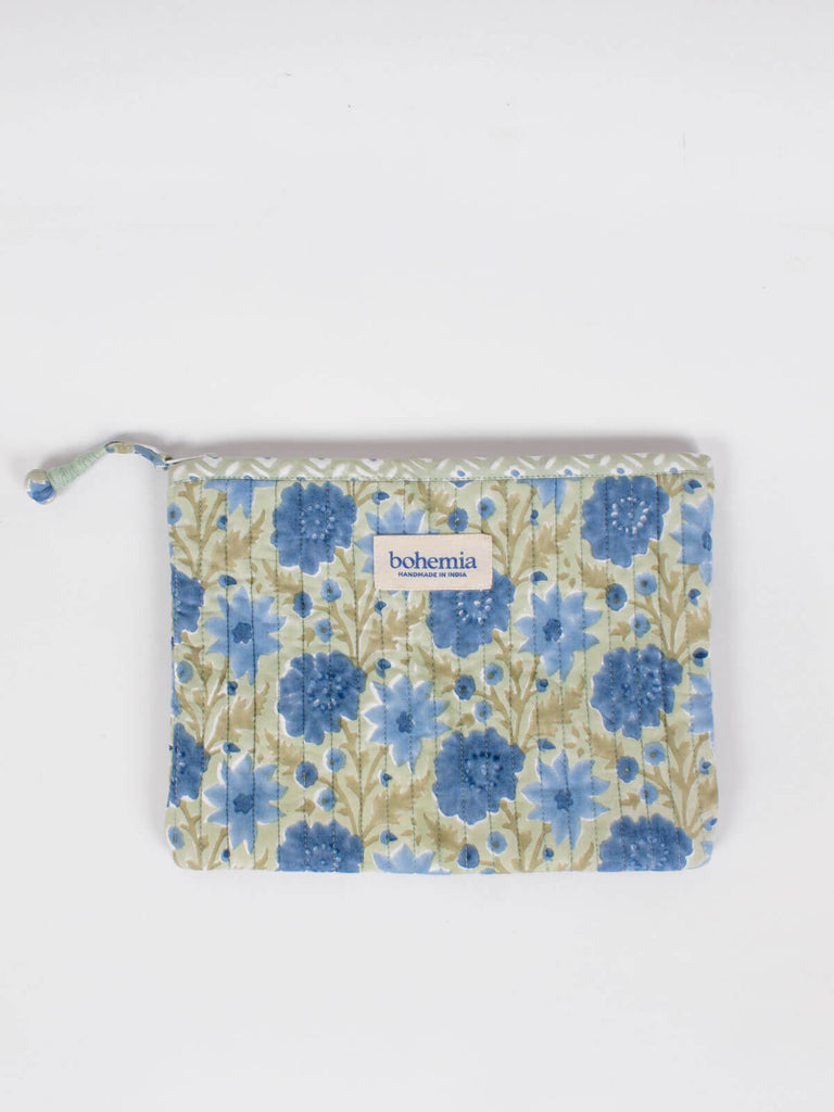 Large quilted cotton zip pouch with a block printed sage green and blue floral design