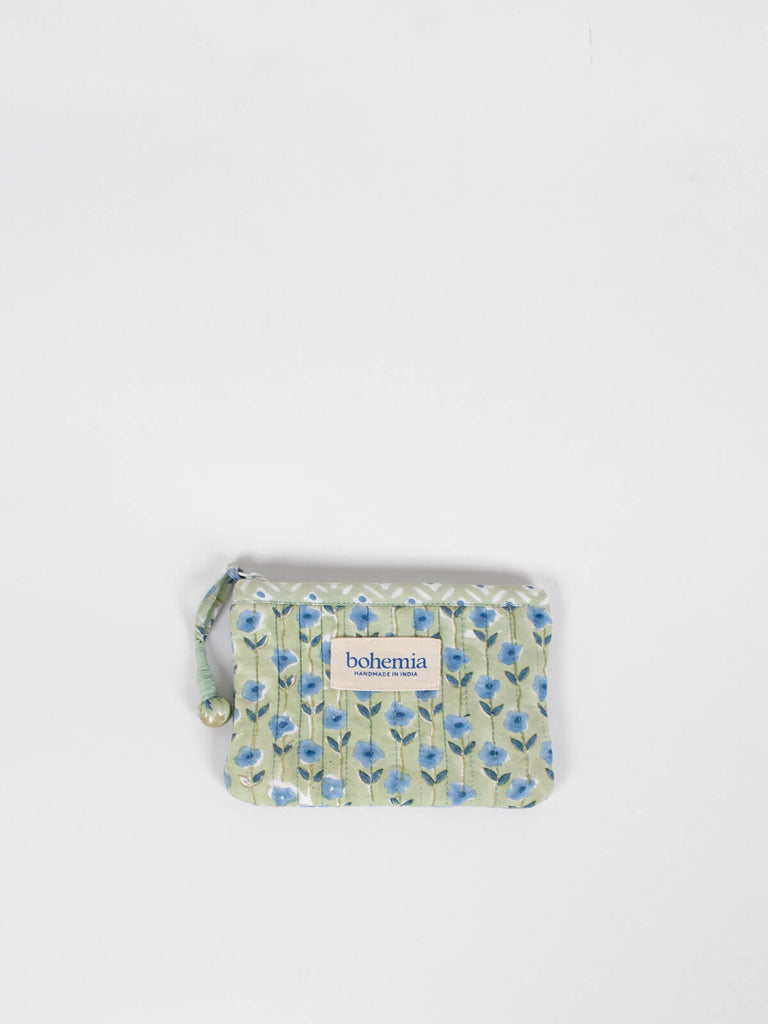 Small quilted zip pouch with sage green and blue block printed pattern