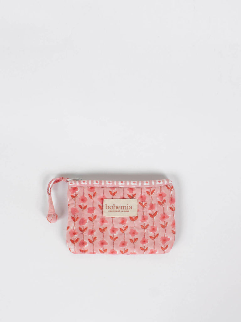 Small quilted zip pouch with vintage pink block printed pattern