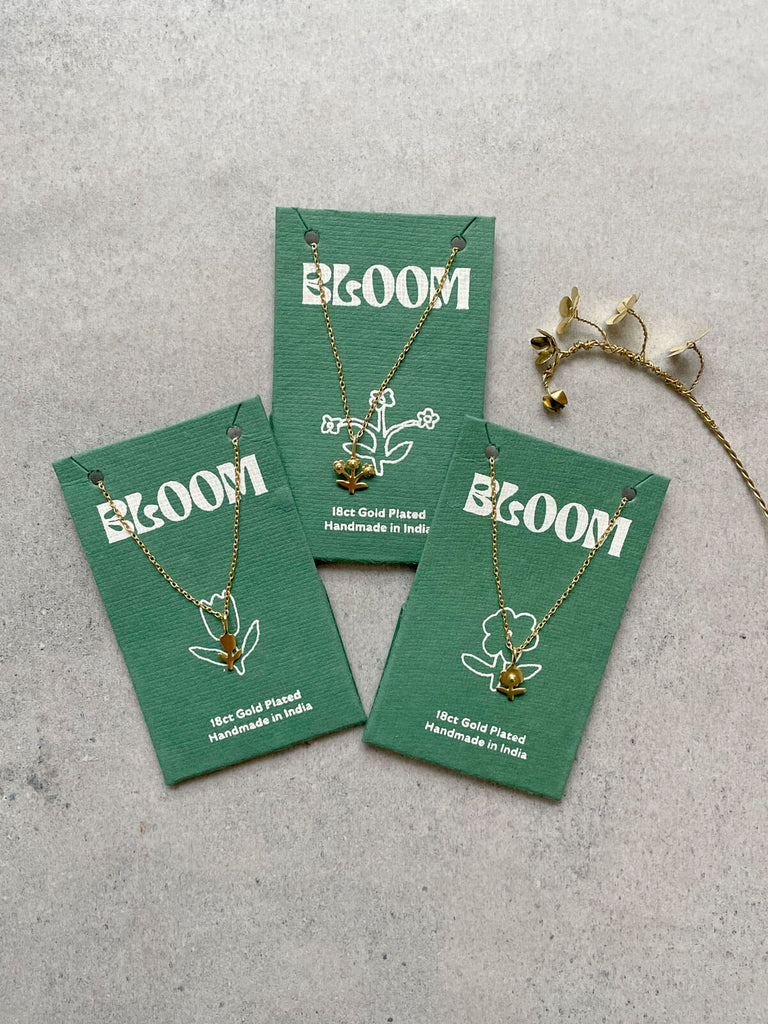Bloom jewellery gold necklaces on eco friendly packaging