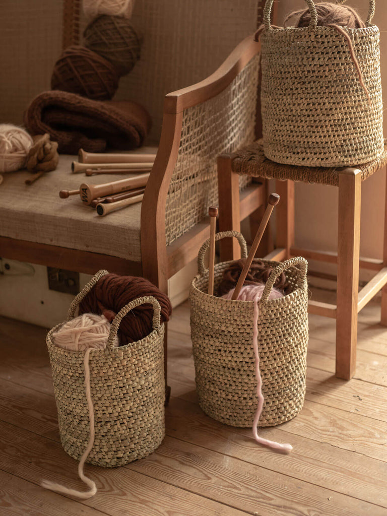 Open Weave Nesting Baskets storing wool and knitting needles