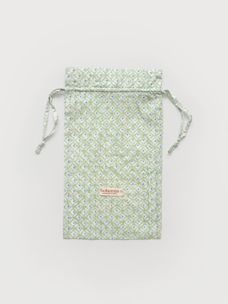 Cotton voile drawstring bag in Sage with Bohemia small label on the front