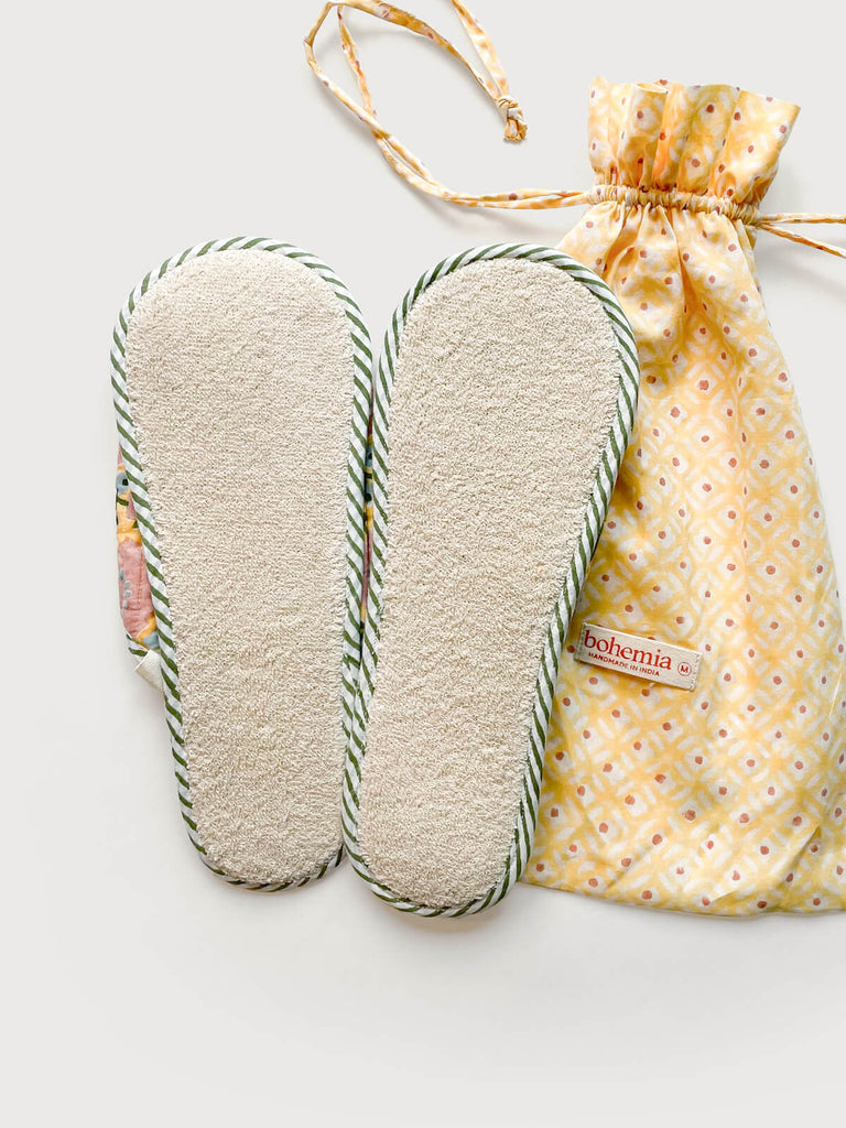 Lightweight carpet slippers with a natural towelling fabric sole, paired with a cotton voile drawstring bag | Bohemia