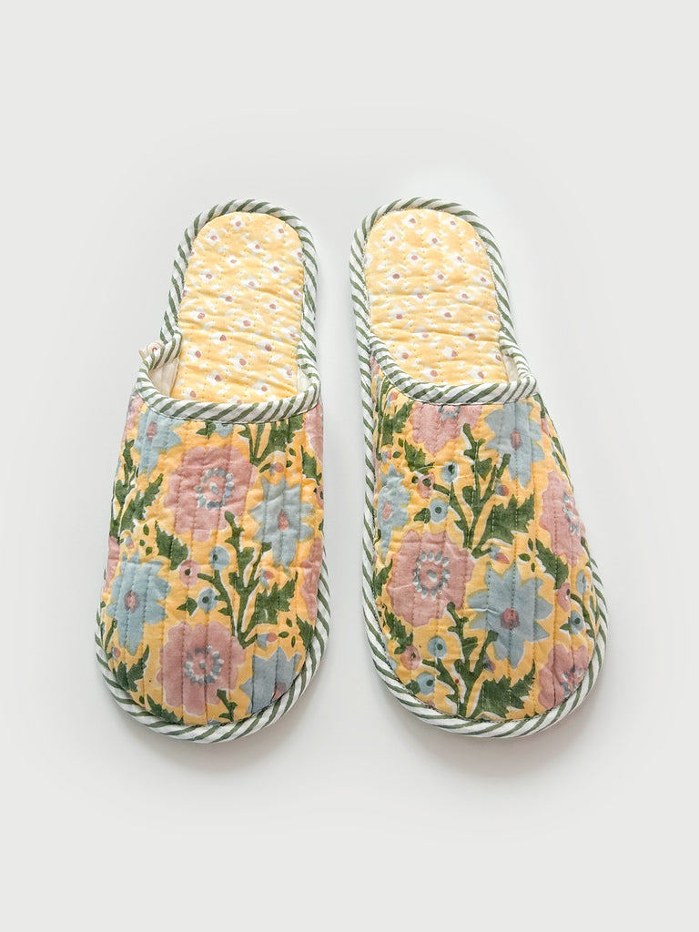 Bohemia house slipper with Floribunda block print in buttermilk yellow, soft blue, pink and green.