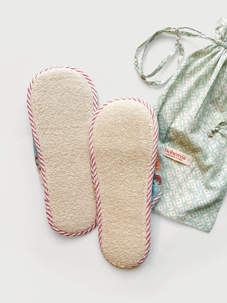 Lightweight carpet slippers with a natural towelling fabric sole, paired with a cotton voile drawstring bag | Bohemia