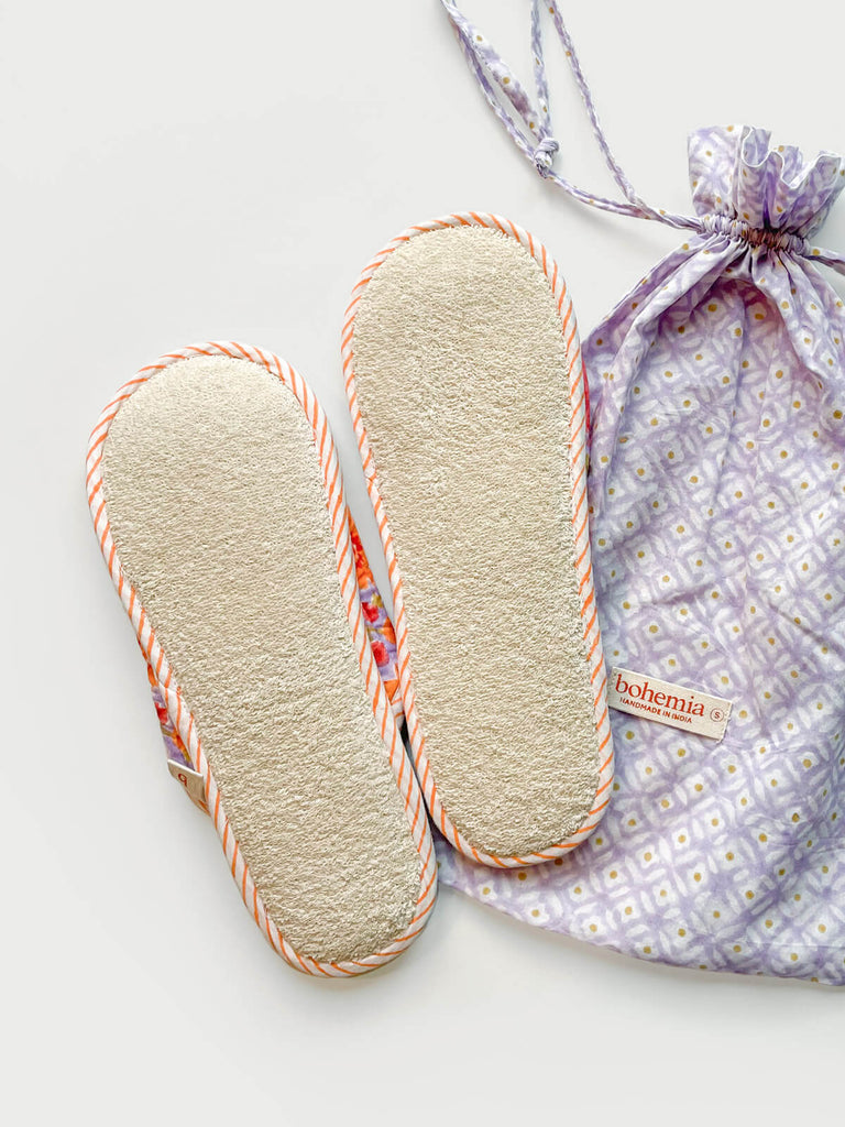 Lightweight carpet slippers with a natural towelling fabric sole, paired with a cotton voile drawstring bag | Bohemia