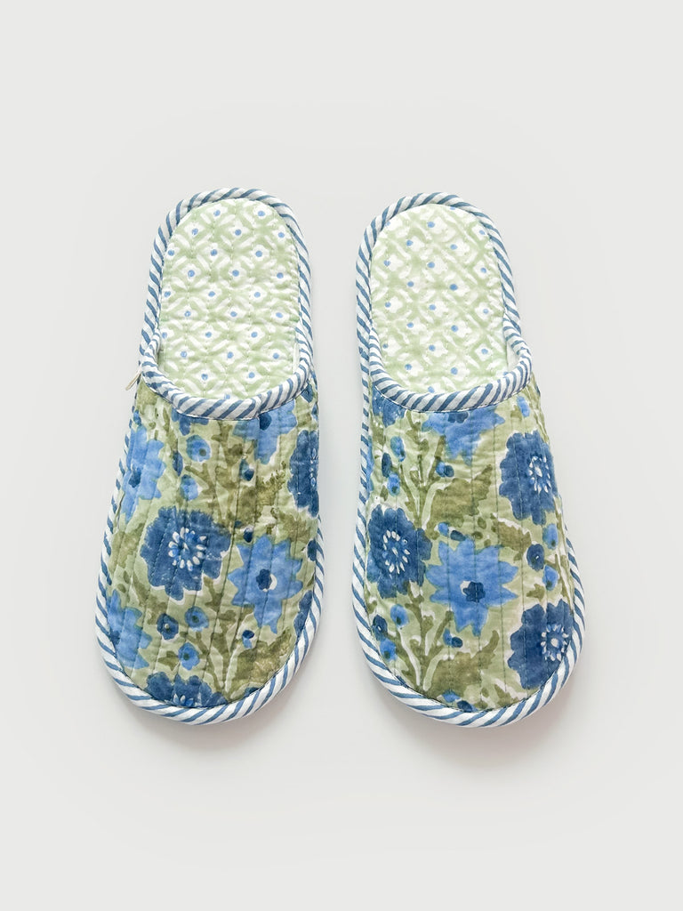 Bohemia house slippers with Floribunda block print pattern in elegant sage, calming blues, and soft mid-greens | Bohemia Design