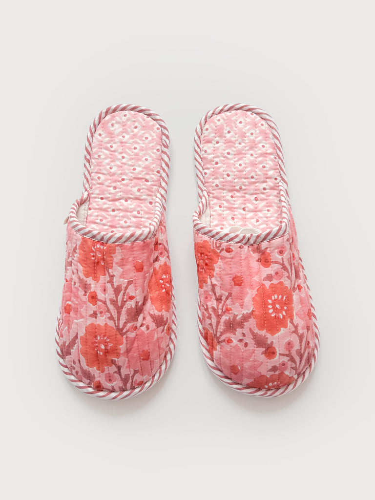 Bohemia house slippers with a Floribunda block print pattern in vintage pink, deep dusty pink, and muted terracotta tones | Bohemia Design