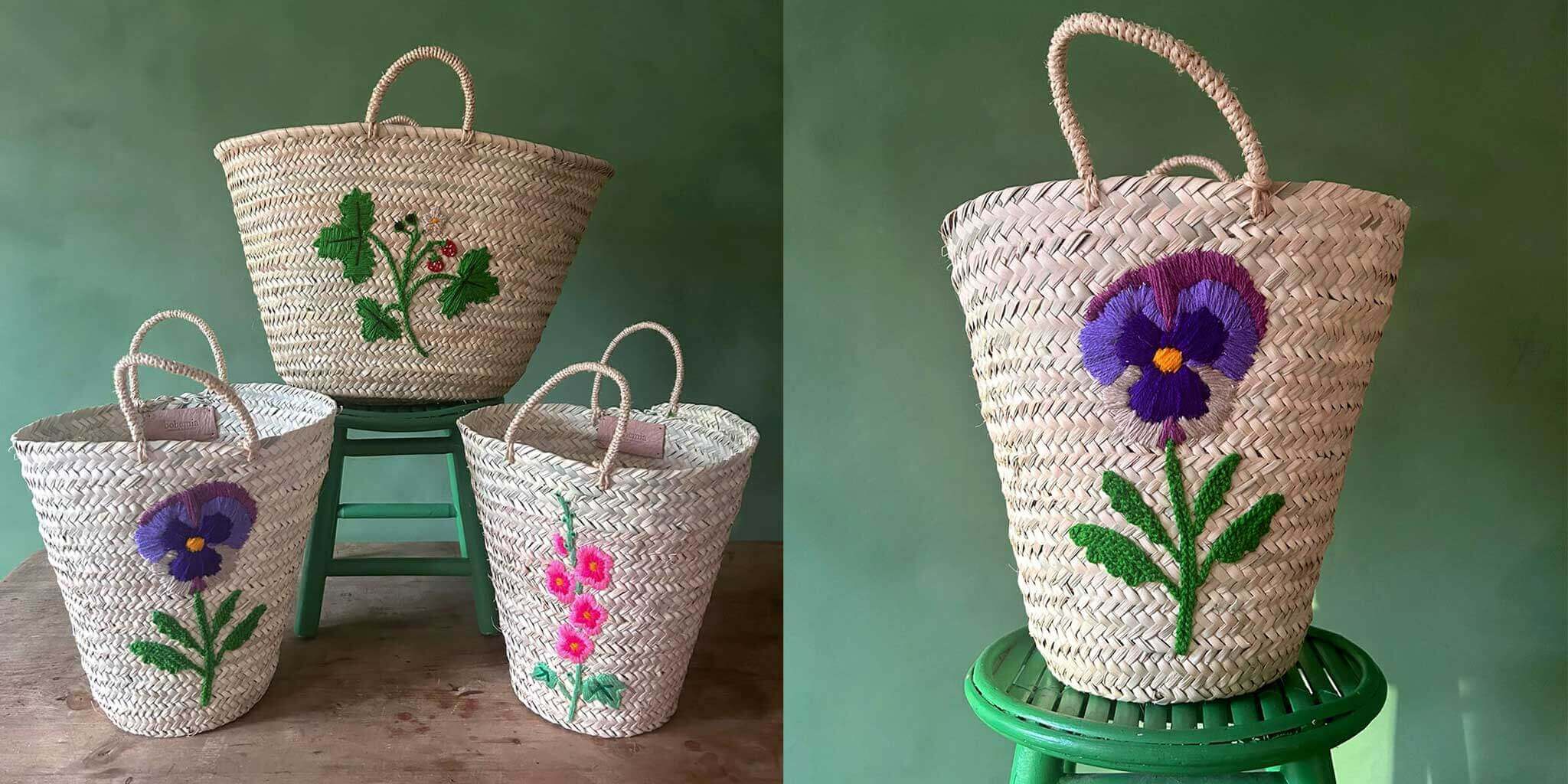 Floral Pansy, Hollyhock and Wild Strawberry woven market baskets