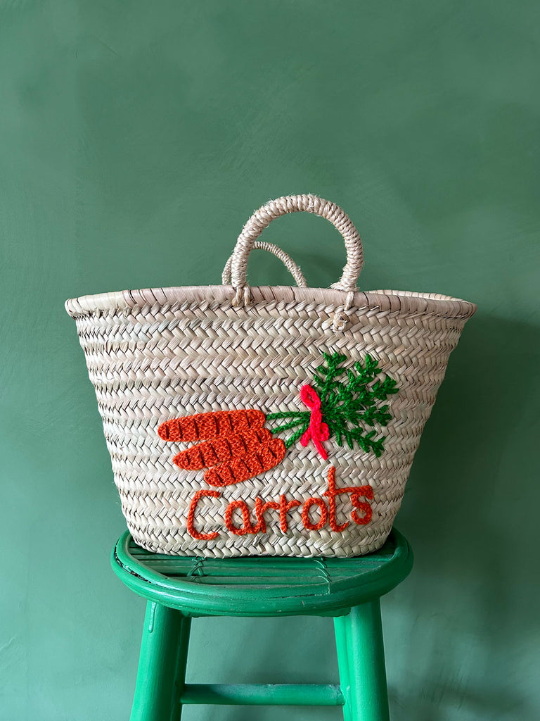 Market basket bag with small handles adorned with charming carrot illustrations and typography embroidery| Bohemia Design