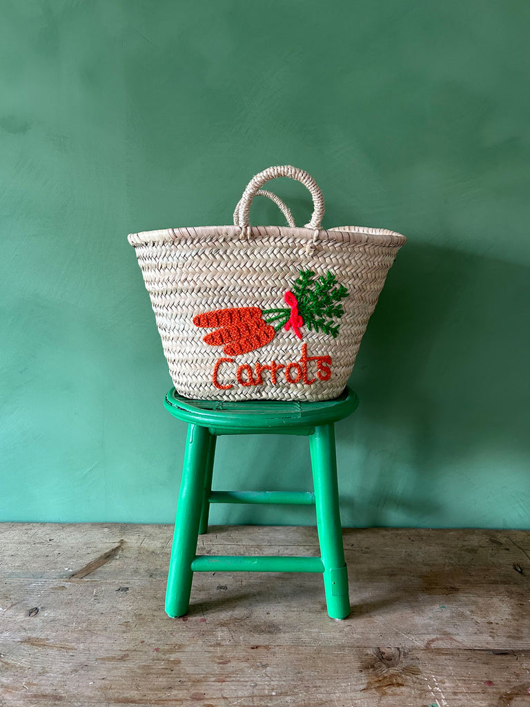 Small woven market basket bag with handles, adorned with charming carrot illustrations and text embroidery | Bohemia Design