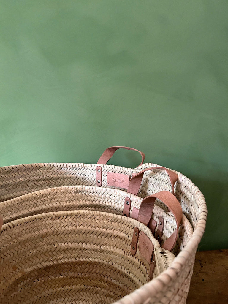 Moroccan storage baskets with sturdy leather handles