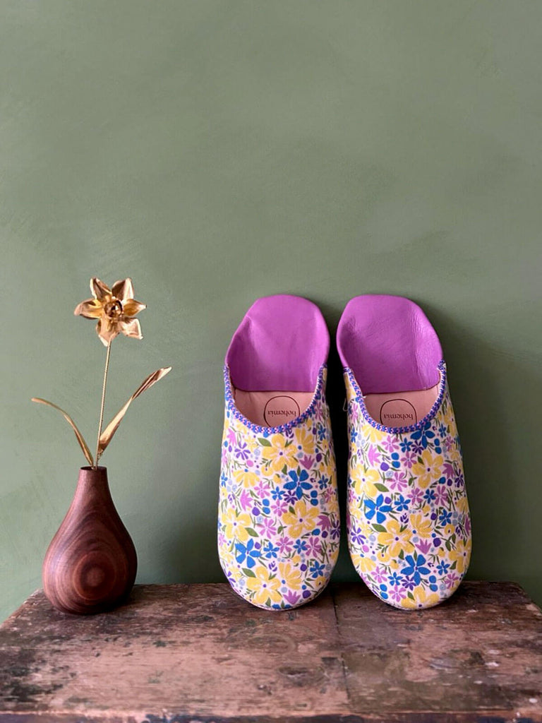 Limited edition Moroccan babouche slippers in Liberty print for wholesale