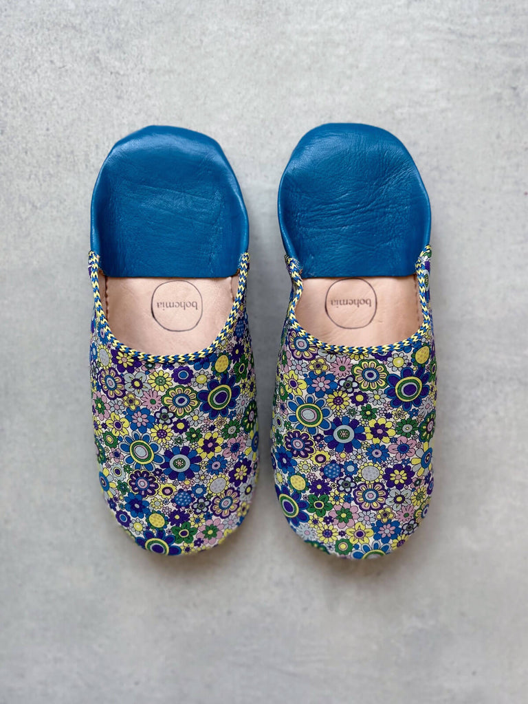 Wholesale Moroccan babouche slippers in blue Paradise Petals Liberty Print Fabric