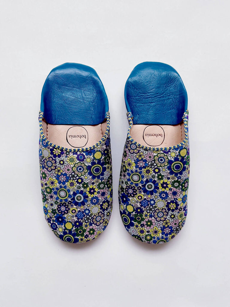Blue floral Moroccan babouche slippers in Paradise Petals Liberty Print Fabric